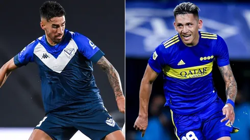 Juan Martin Lucero of Velez Sarsfield (left) and Luis Vazquez of Boca Juniors
