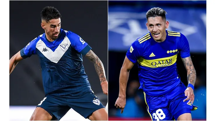 Juan Martin Lucero of Velez Sarsfield (left) and Luis Vazquez of Boca Juniors