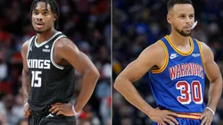 Stephen Curry of the Golden State Warriors (left) and Damian Jones of the Sacramento Kings (right)