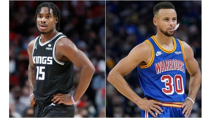 Stephen Curry of the Golden State Warriors (left) and Damian Jones of the Sacramento Kings (right)