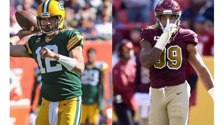 Aaron Rodgers of the Green Bay Packers (left) and Chase Young of the Washington Football Team