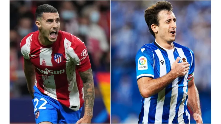 Mario Hermoso of Atletico Madrid (left) and Mikel Oyarzabal of Real Sociedad (right)
