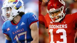 Jason Bean of the Jayhawks (left) and Caleb Williams of the Sooners