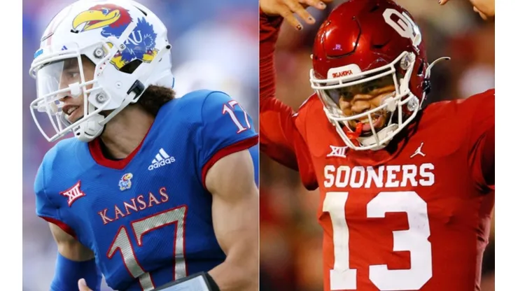 Jason Bean of the Jayhawks (left) and Caleb Williams of the Sooners