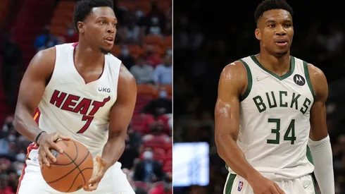 Kyle Lowry of the Miami Heat (left) and Giannis Antetokounmpo of the Milwaukee Bucks (right)