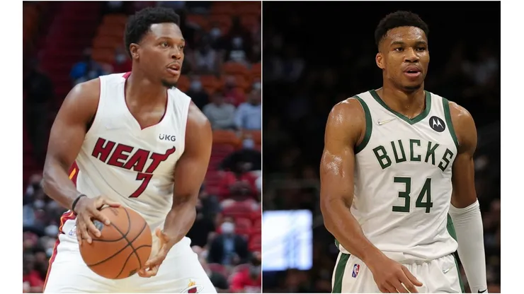 Kyle Lowry of the Miami Heat (left) and Giannis Antetokounmpo of the Milwaukee Bucks (right)