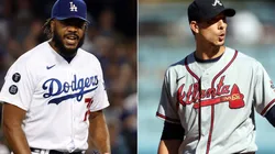 Kenley Jansen of the Los Angeles Dodgers (right) and Charlie Morton of the Atlanta Braves (right)