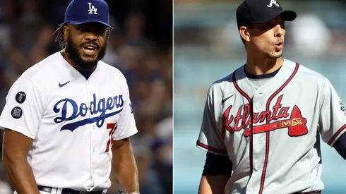 Kenley Jansen of the Los Angeles Dodgers (right) and Charlie Morton of the Atlanta Braves (right)