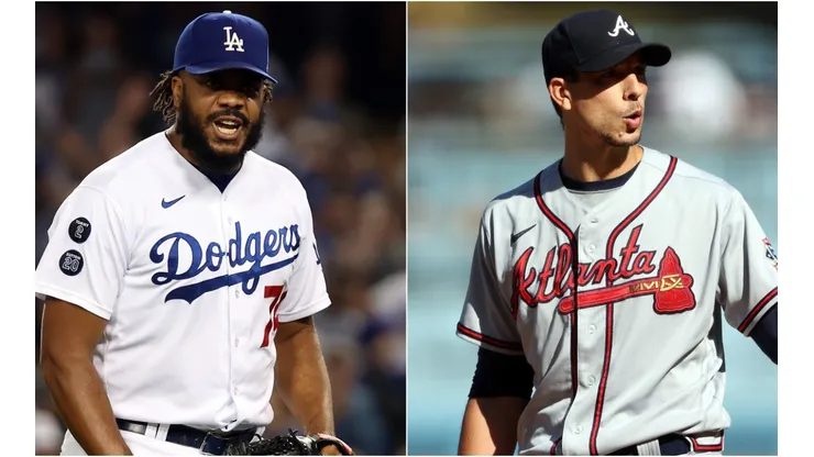 Kenley Jansen of the Los Angeles Dodgers (right) and Charlie Morton of the Atlanta Braves (right)