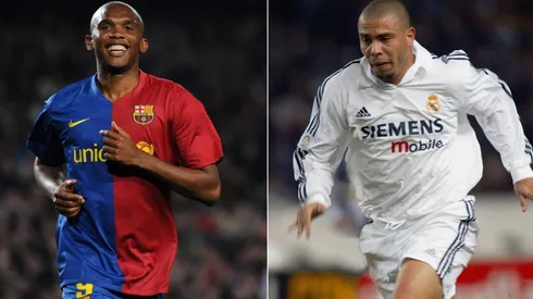 Samuel Eto'o (left) and Ronaldo, two of the various players who have worn both Barcelona and Real Madrid jerseys.