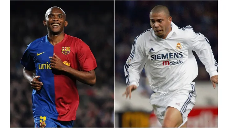 Samuel Eto'o (left) and Ronaldo, two of the various players who have worn both Barcelona and Real Madrid jerseys.