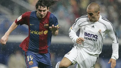 Lionel Messi of Barcelona (left) and Fabio Cannavaro of Real Madrid in action during a Clasico in 2006.