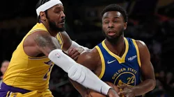 Carmelo Anthony of Los Angeles Lakers (left) tries to block Andrew Wiggins of GSW