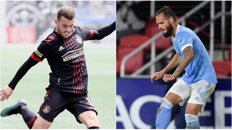 Brooks Lennon of Atlanta United (left) and Maxime Chanot of NYCFC