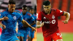 Ian Fray of Inter Miami (left) and Alejandro Pozuelo of Toronto FC