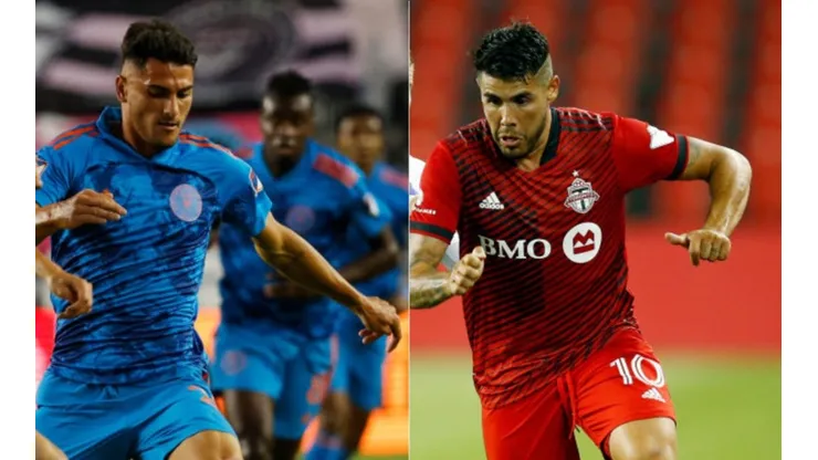 Ian Fray of Inter Miami (left) and Alejandro Pozuelo of Toronto FC
