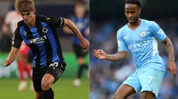 Charles De Ketelaere of Club Brugge (left) and Raheem Sterling of Manchester City