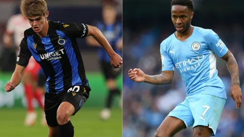 Charles De Ketelaere of Club Brugge (left) and Raheem Sterling of Manchester City