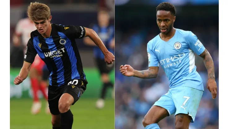 Charles De Ketelaere of Club Brugge (left) and Raheem Sterling of Manchester City