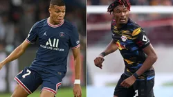 Kylian Mbappe of PSG (left) and Mohamed Simakan of Leipzig