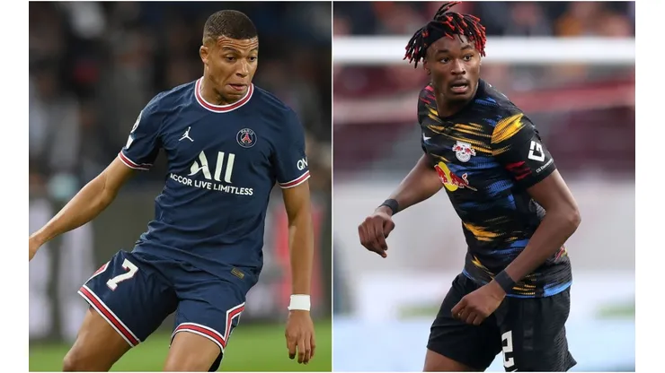 Kylian Mbappe of PSG (left) and Mohamed Simakan of Leipzig