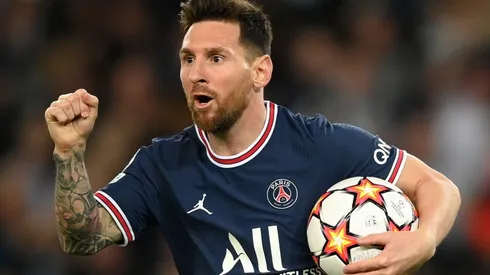 Lionel Messi celebrates his first goal for PSG vs Leipzig.