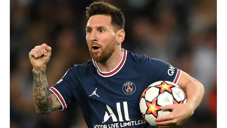 Lionel Messi celebrates his first goal for PSG vs Leipzig.