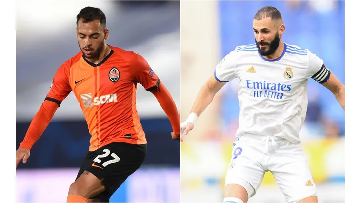 Maycon of Shakhtar Donetsk (left) and Karim Benzema of Real Madrid