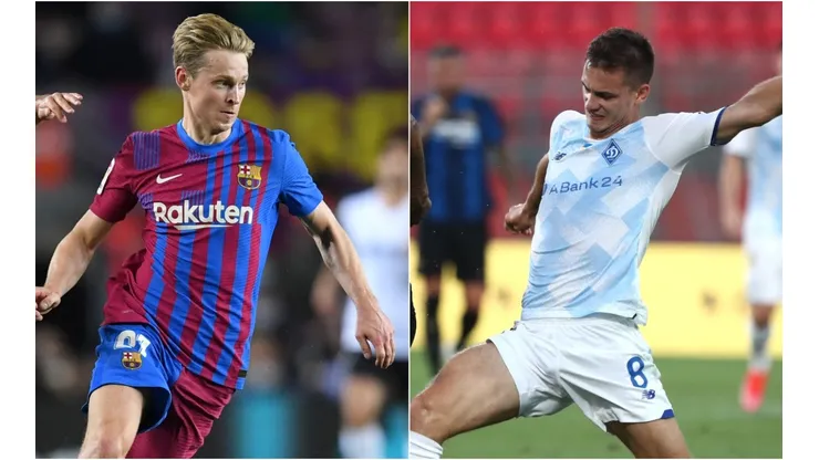 Frenkie De Jong of Barcelona (left) and Tomasz Kedziora of FC Dynamo Kyiv