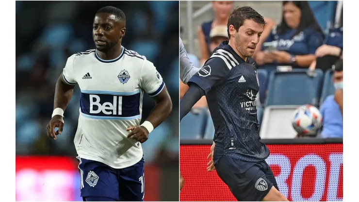 Cristian Dajome of Vancouver Whitecaps (left) and Ilie Sanchez of Sporting Kansas City