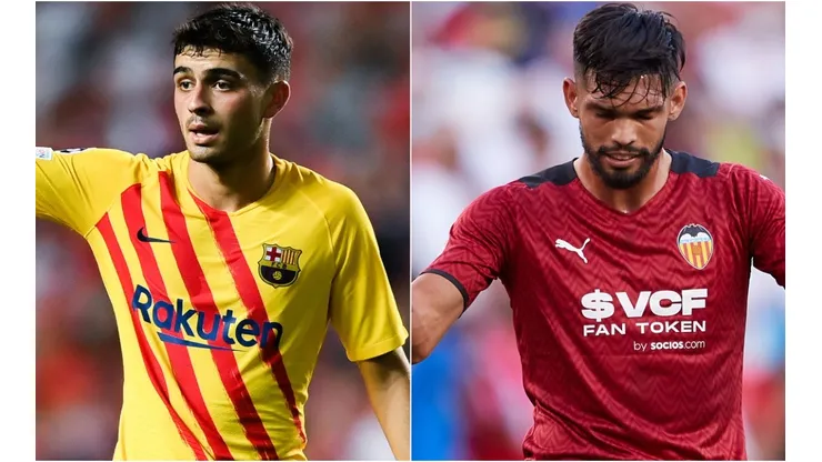 Pedri of Barcelona (left) and Omar Alderete of Valencia (right)