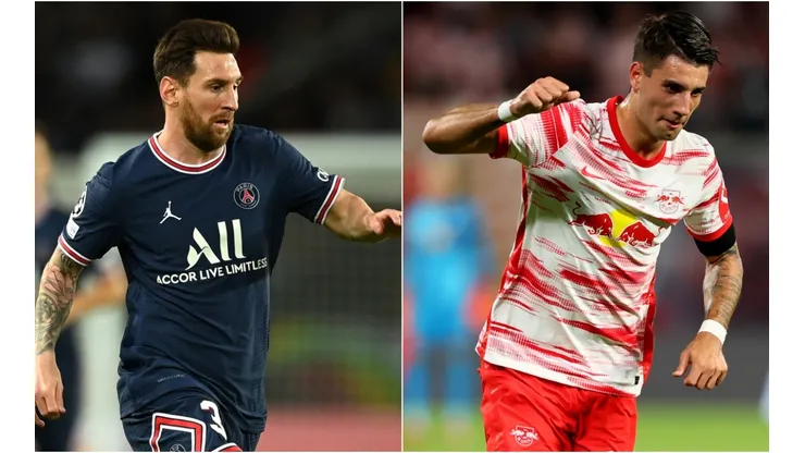 Lionel Messi of PSG (left) and Andre Silva of RB Leipzig