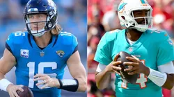 Trevor Lawrence of the Jaguars (left) and Jacoby Brissett of the Miami Dolphins