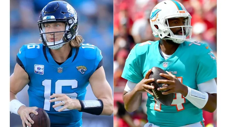 Trevor Lawrence of the Jaguars (left) and Jacoby Brissett of the Miami Dolphins