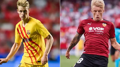 Frenkie de Jong of Barcelona (left) and Daniel Wass of Valencia (right)