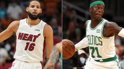 Caleb Martin of the Miami Heat (left) and Dennis Schroder of the Boston Celtics (right)