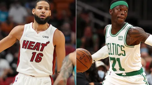 Caleb Martin of the Miami Heat (left) and Dennis Schroder of the Boston Celtics (right)