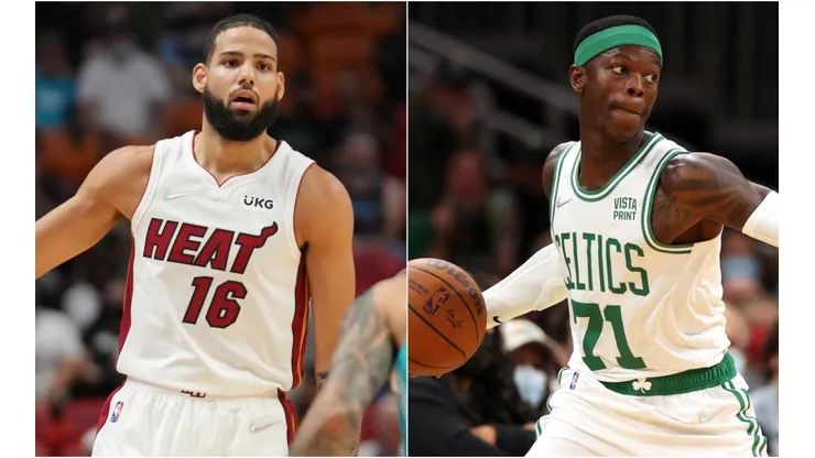 Caleb Martin of the Miami Heat (left) and Dennis Schroder of the Boston Celtics (right)