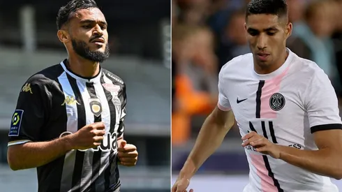Sofiane Boufal of Angers (left) and Achraf Hakimi of PSG (right)