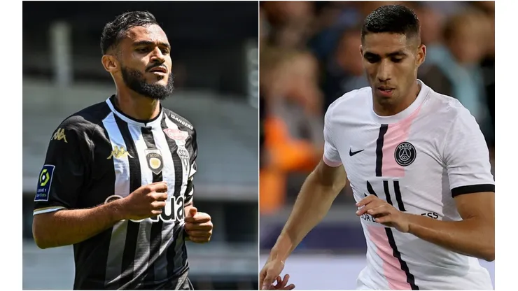 Sofiane Boufal of Angers (left) and Achraf Hakimi of PSG (right)