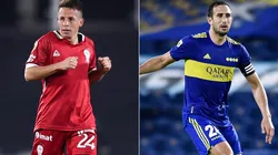 Nicolas Silva of Huracan (left) and Carlos Izquierdoz of Boca Juniors.