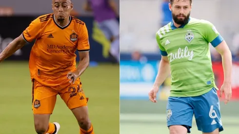Darwin Ceren of Houston Dynamo (left) and Joao Paulo of Seattle Sounders