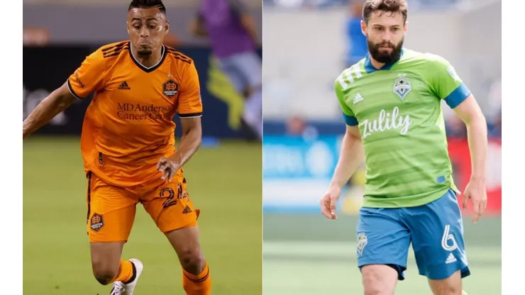 Darwin Ceren of Houston Dynamo (left) and Joao Paulo of Seattle Sounders