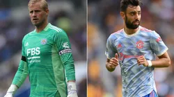 Kasper Schmeichel of Leicester (left) and Bruno Fernandes of Manchester United (right)