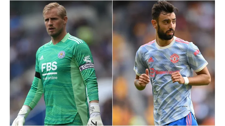 Kasper Schmeichel of Leicester (left) and Bruno Fernandes of Manchester United (right)