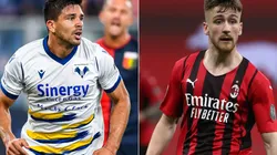 Giovanni Simeone of Verona (left) and Alexis Saelemaekers of Milan (right)