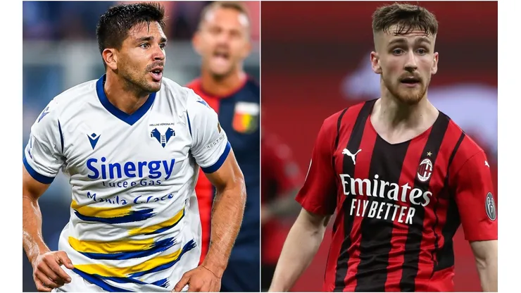 Giovanni Simeone of Verona (left) and Alexis Saelemaekers of Milan (right)