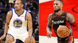 Avery Bradley of the Golden State Warriors (left) and Damian Lillard of the Portland Trail Blazers (right)