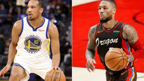 Avery Bradley of the Golden State Warriors (left) and Damian Lillard of the Portland Trail Blazers (right)