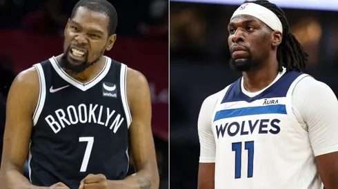 Kevin Durant of the Brooklyn Nets (left) and Naz Reid of the Minnesota Timberwolves (right)